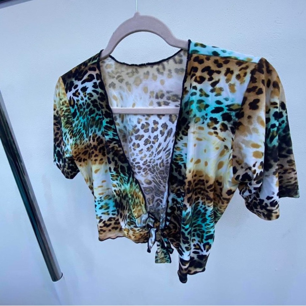 Y2K Blue & Brown Leopard Tie Front Bolero Shrug Top Size Medium M